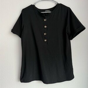 Black Short Sleeve Button Top